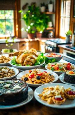 A colorful and visually appealing spread of various dishes showcasing a range of culinary delights in a warm, inviting kitchen setting