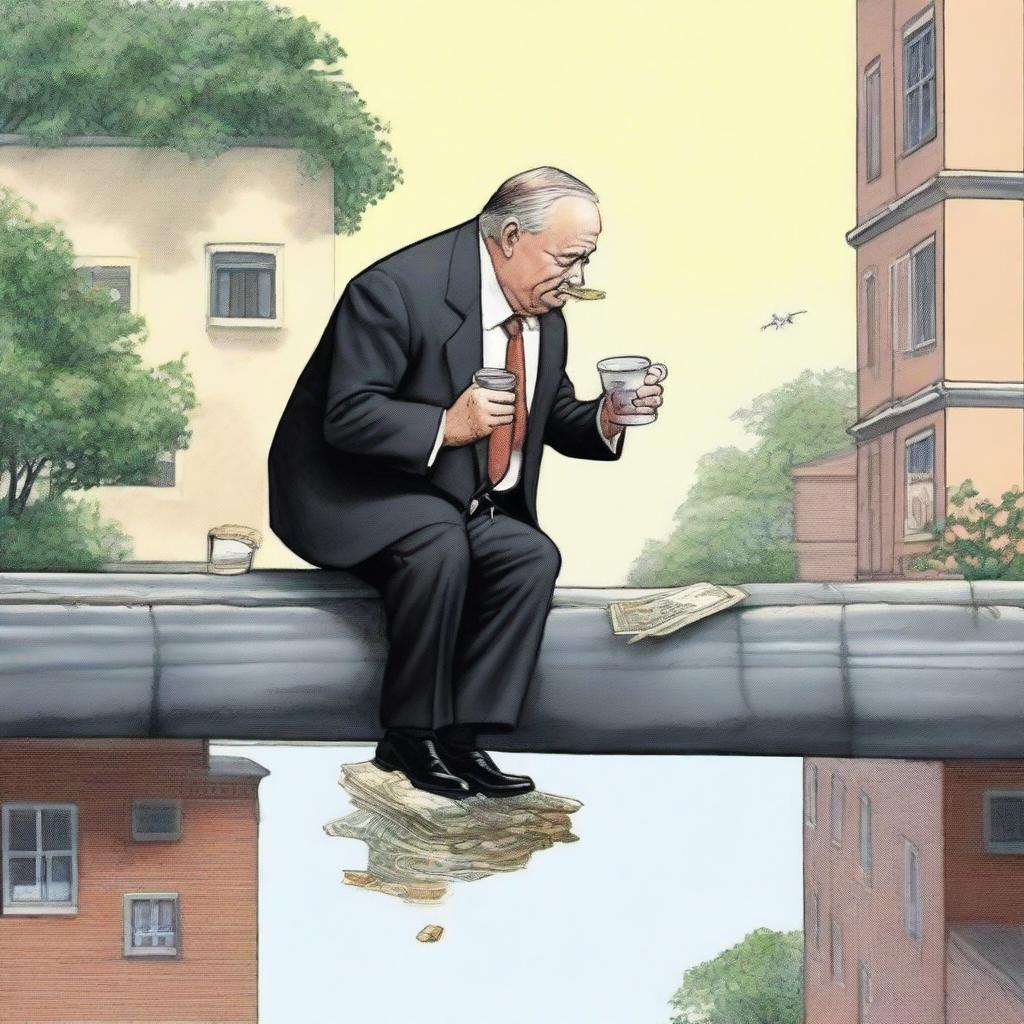 A paradoxical scenario depicting the richest person in the world lowering their status by eating in a gutter, a stark reminder that wealth doesn't equate to happiness