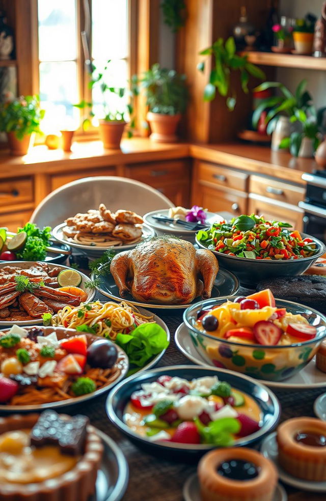 A colorful and visually appealing spread of various dishes showcasing a range of culinary delights in a warm, inviting kitchen setting