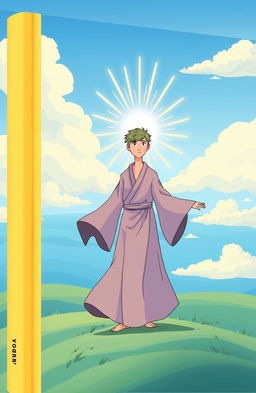 A whimsical book cover featuring a vast blue sky landscape, with a male figure dressed in a long, loose-fitting garment that flows elegantly, complete with wide sleeves