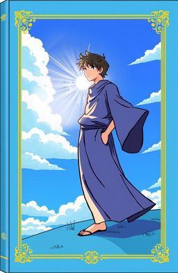 A whimsical book cover featuring a vast blue sky landscape, with a male figure dressed in a long, loose-fitting garment that flows elegantly, complete with wide sleeves