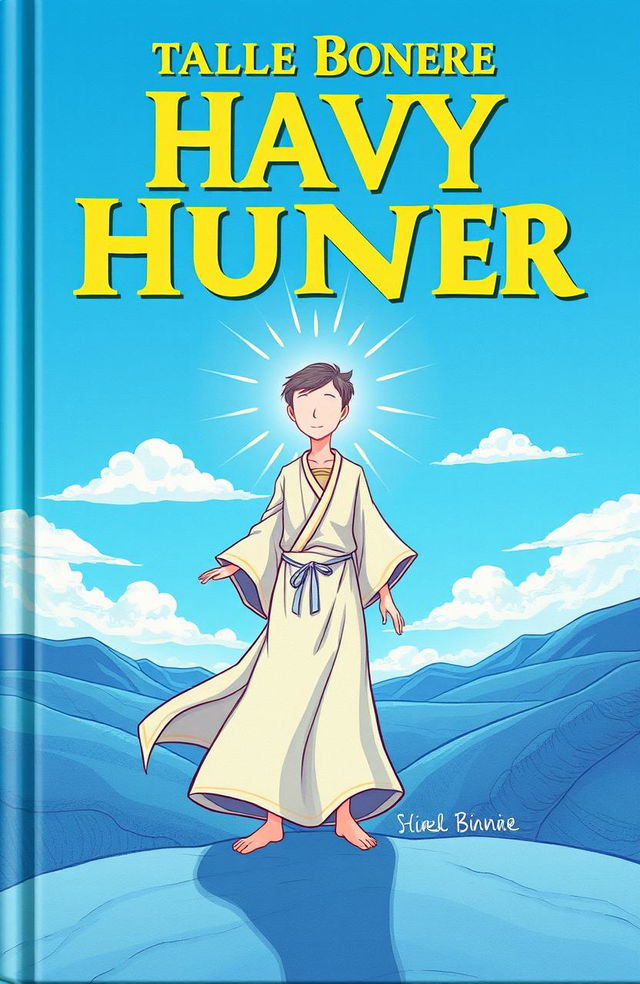 A whimsical book cover featuring a vast blue sky landscape, with a male figure dressed in a long, loose-fitting garment that flows elegantly, complete with wide sleeves