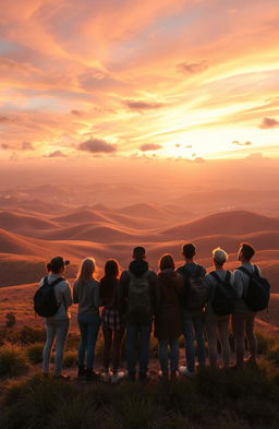 A breathtaking view from the peak of hope, showcasing a majestic landscape with rolling hills bathed in the golden light of a sunset