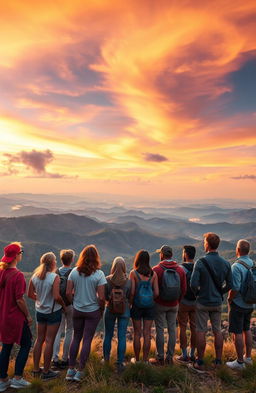 A breathtaking view from the peak of hope, showcasing a majestic landscape with rolling hills bathed in the golden light of a sunset