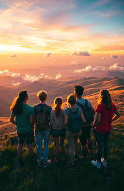 A breathtaking view from the peak of hope, showcasing a majestic landscape with rolling hills bathed in the golden light of a sunset
