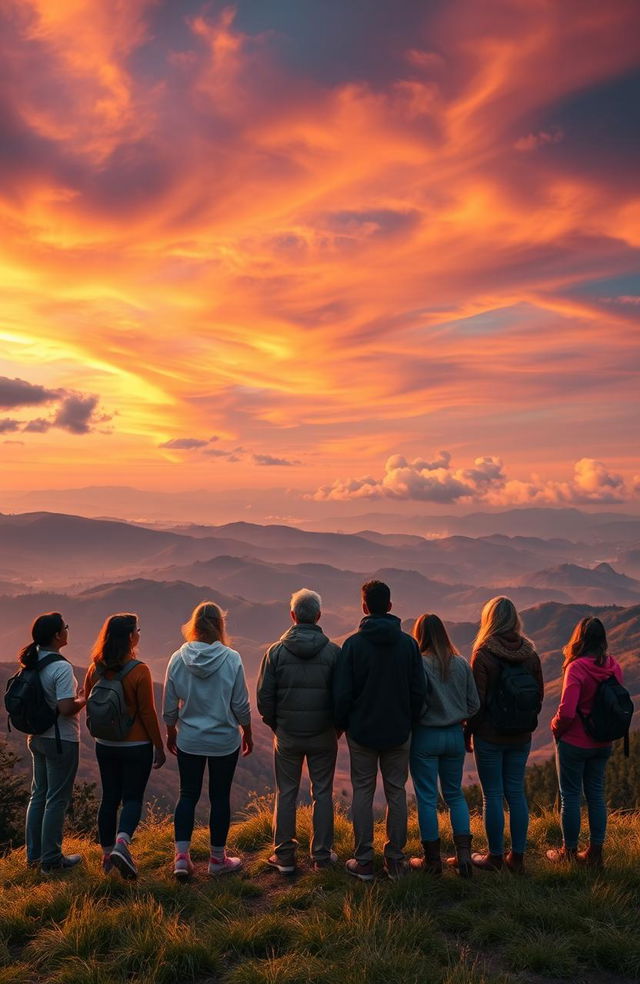 A breathtaking view from the peak of hope, showcasing a majestic landscape with rolling hills bathed in the golden light of a sunset