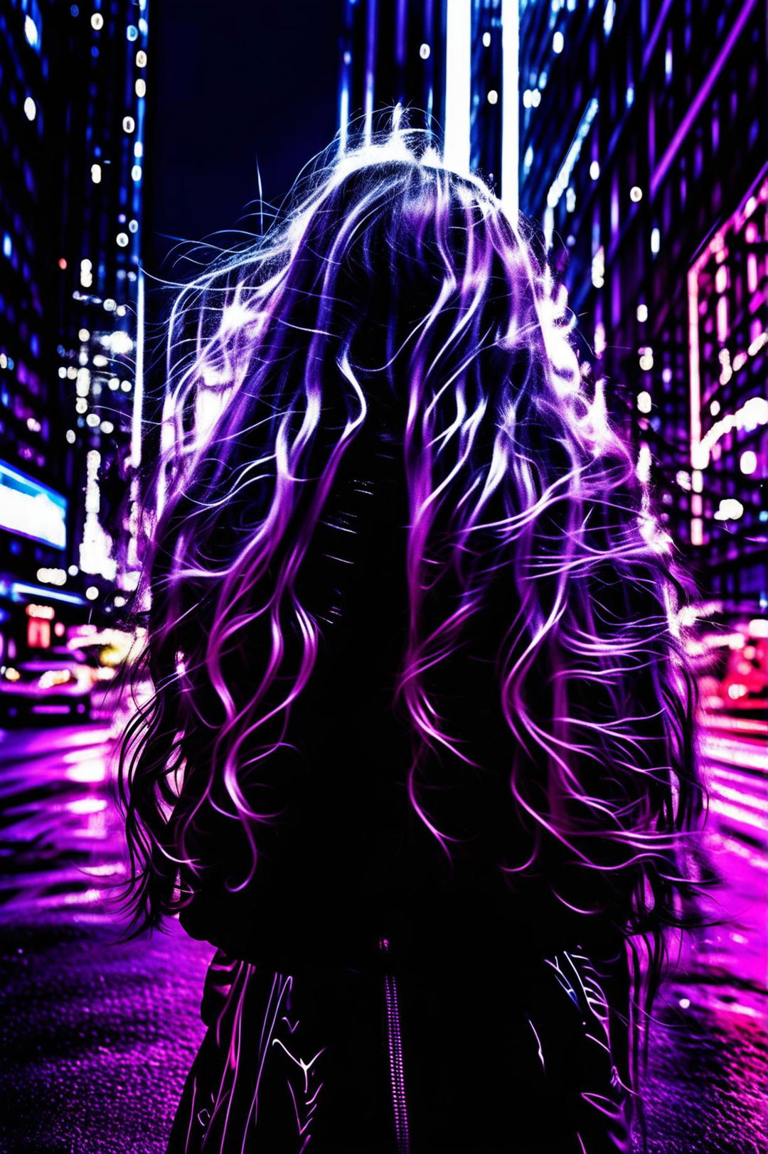 Ultra HD 36K Man Ray style photograph with long exposure and wide-angle lens featuring a cyberpunk girl with thick wavy warm-toned purple hair in neon city, shot from behind in a wide-angle view