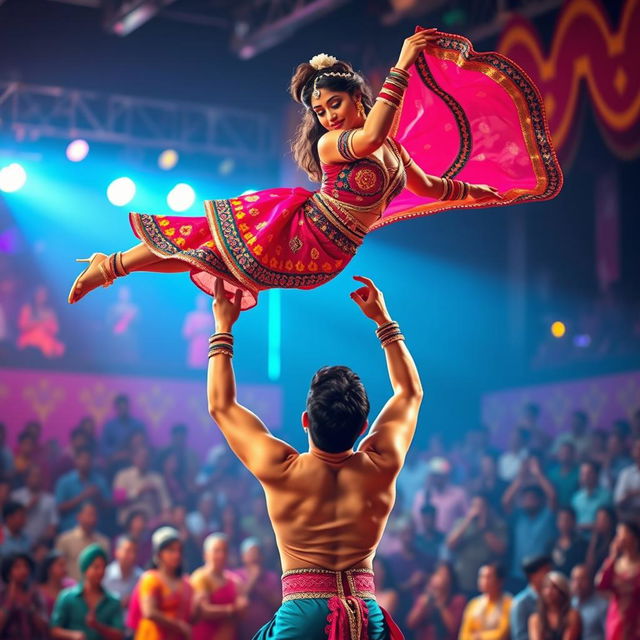 An exhilarating scene featuring the stunning Indian actress Kriti Sanon being lifted overhead by a male back dancer during a captivating dance routine