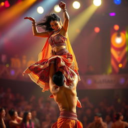 An exhilarating scene featuring the stunning Indian actress Kriti Sanon being lifted overhead by a male back dancer during a captivating dance routine