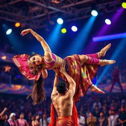 An exhilarating scene featuring the stunning Indian actress Kriti Sanon being lifted overhead by a male back dancer during a captivating dance routine