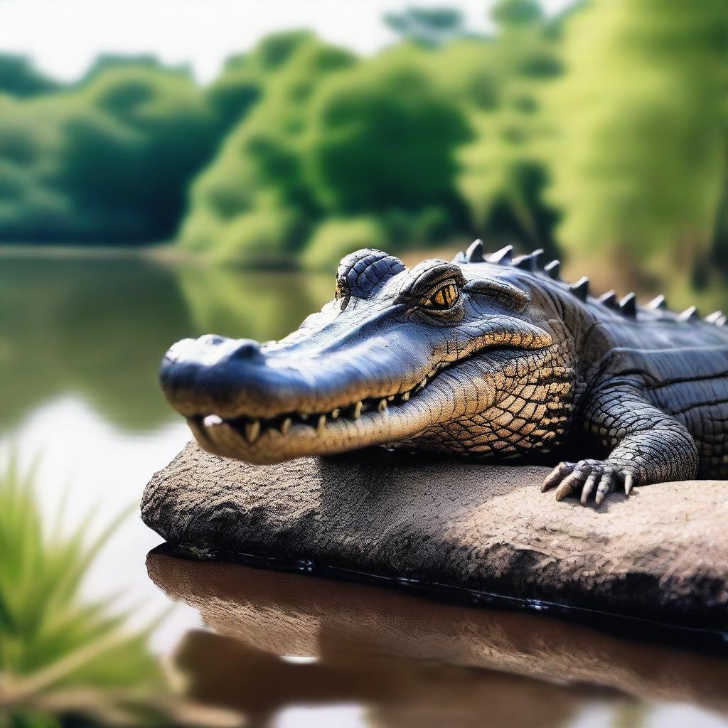 An imaginative image of a crocodile with fur, comfortably lounging on a river bank, combining fearsome reptilian traits with an unexpected coat of soft fur