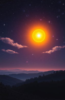 A surreal and dreamlike scene depicting a celestial sun shining in a starry night sky