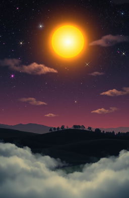 A surreal and dreamlike scene depicting a celestial sun shining in a starry night sky