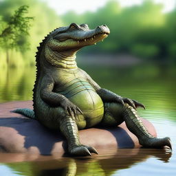 An imaginative image of a crocodile with fur, comfortably lounging on a river bank, combining fearsome reptilian traits with an unexpected coat of soft fur