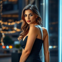 A young, attractive woman exuding confidence and allure, wearing a form-fitting, elegant evening dress that accentuates her curves