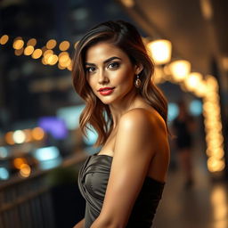 A young, attractive woman exuding confidence and allure, wearing a form-fitting, elegant evening dress that accentuates her curves