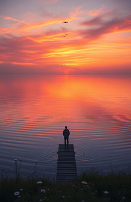 A serene landscape at sunset, featuring a calm lake reflecting vibrant hues of orange, pink, and purple