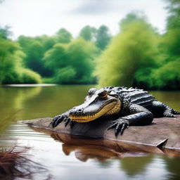 An imaginative image of a crocodile with fur, comfortably lounging on a river bank, combining fearsome reptilian traits with an unexpected coat of soft fur