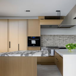 A well-designed modern kitchen of 98 square feet, making optimal use of space with streamlined cabinetry, elegant countertops, and state-of-the-art appliances.