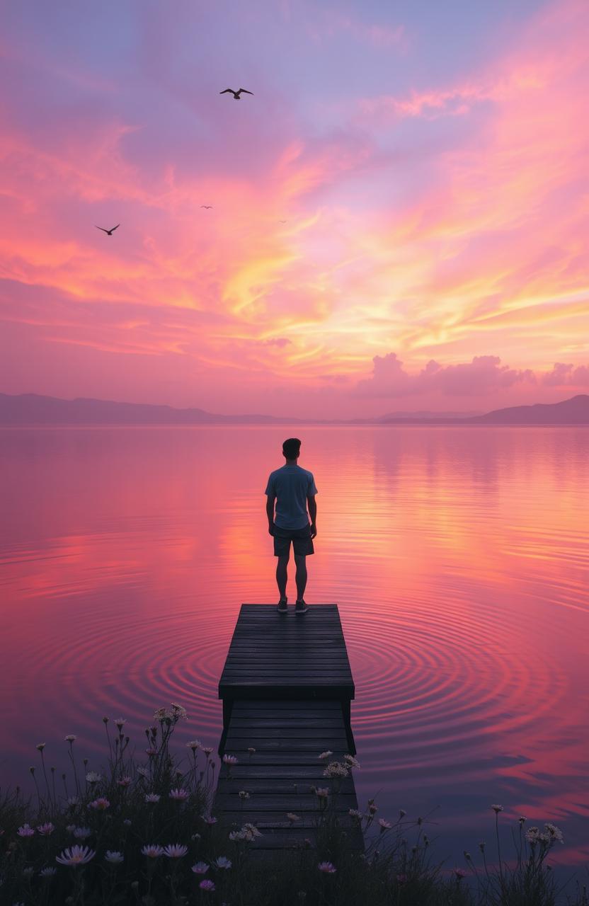 A serene landscape at sunset, featuring a calm lake reflecting vibrant hues of orange, pink, and purple