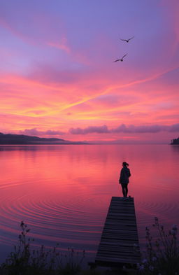 A serene landscape at sunset, featuring a calm lake reflecting vibrant hues of orange, pink, and purple