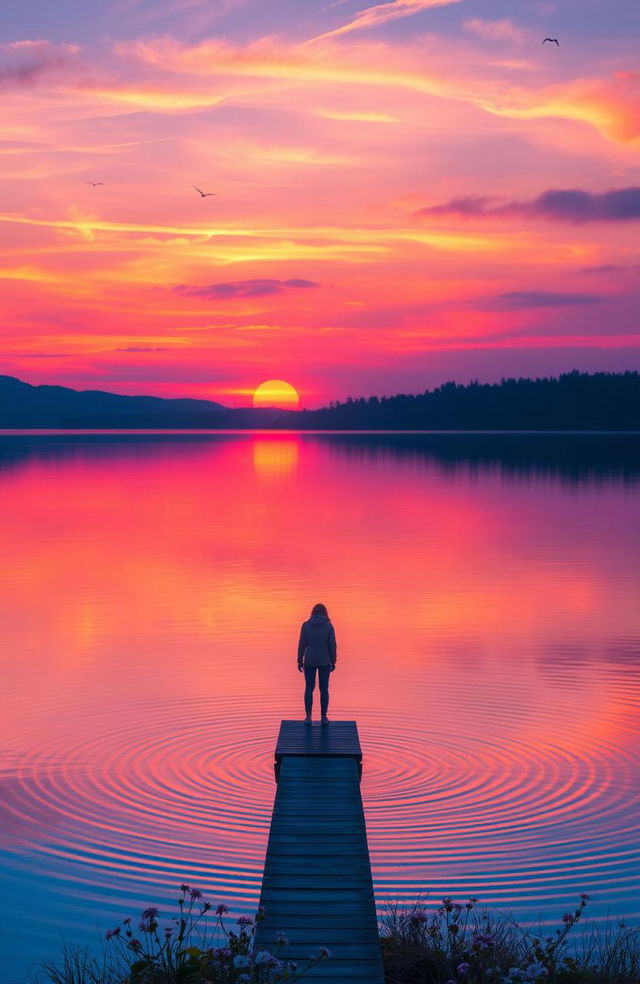 A serene landscape at sunset, featuring a calm lake reflecting vibrant hues of orange, pink, and purple