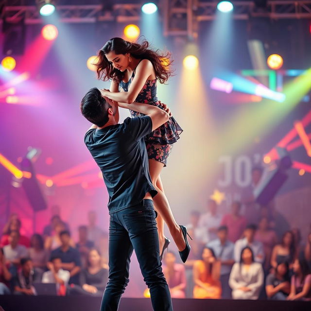 An exciting scene featuring the elegant Indian actress Kriti Sanon lifted overhead by a male back dancer while both are dressed in stylish western attire