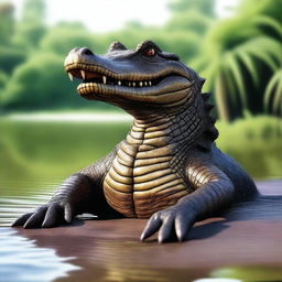 An imaginative image of a crocodile with fur, comfortably lounging on a river bank, combining fearsome reptilian traits with an unexpected coat of soft fur