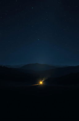 A serene night scene depicting a small, glowing light in a dark, expansive landscape