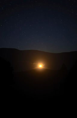 A serene night scene depicting a small, glowing light in a dark, expansive landscape