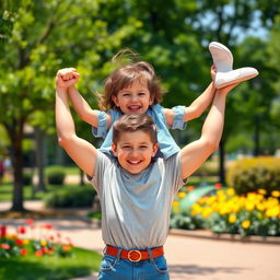 A charming scene depicting a small, strong child lifting a skinny woman effortlessly in their arms