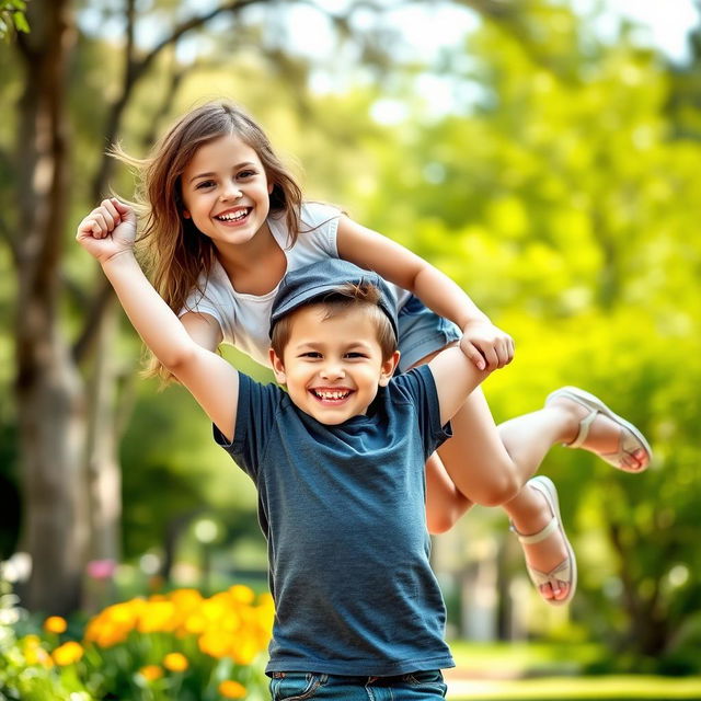 A charming scene depicting a small, strong child lifting a skinny woman effortlessly in their arms