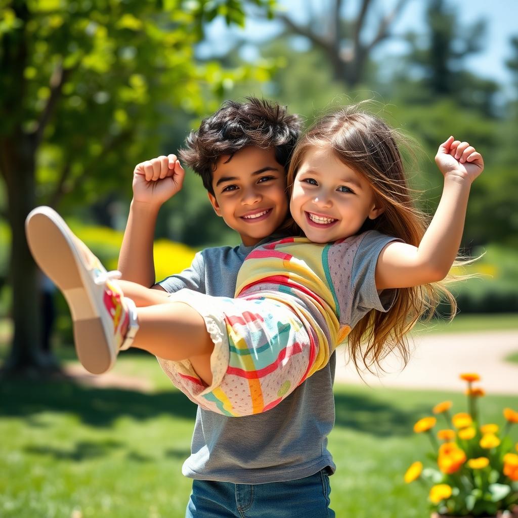 A charming scene depicting a small, strong child lifting a skinny woman effortlessly in their arms