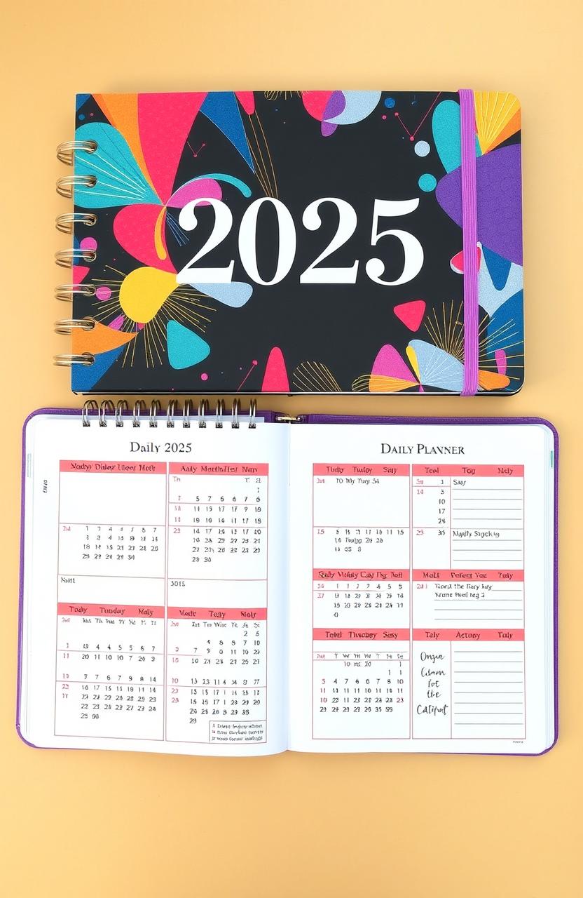 A beautifully designed daily planner for the year 2025, featuring a vibrant and modern layout