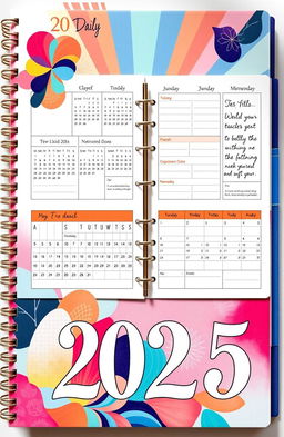 A beautifully designed daily planner for the year 2025, featuring a vibrant and modern layout