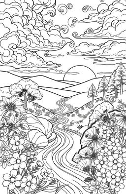 A beautifully intricate coloring book page designed for adults, featuring a serene landscape filled with peaceful elements such as swirling clouds, flowing rivers, blooming flowers, and tranquil trees