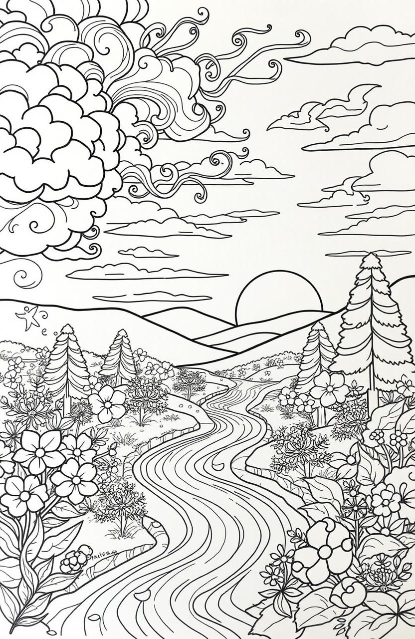 A beautifully intricate coloring book page designed for adults, featuring a serene landscape filled with peaceful elements such as swirling clouds, flowing rivers, blooming flowers, and tranquil trees