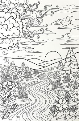 A beautifully intricate coloring book page designed for adults, featuring a serene landscape filled with peaceful elements such as swirling clouds, flowing rivers, blooming flowers, and tranquil trees