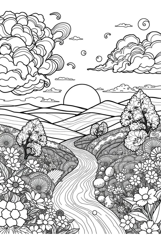 A beautifully intricate coloring book page designed for adults, featuring a serene landscape filled with peaceful elements such as swirling clouds, flowing rivers, blooming flowers, and tranquil trees