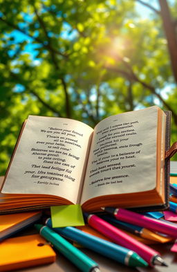 An inspirational and vibrant scene depicting a beautiful, sleek journal opened to a page filled with motivational quotes