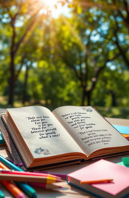 An inspirational and vibrant scene depicting a beautiful, sleek journal opened to a page filled with motivational quotes