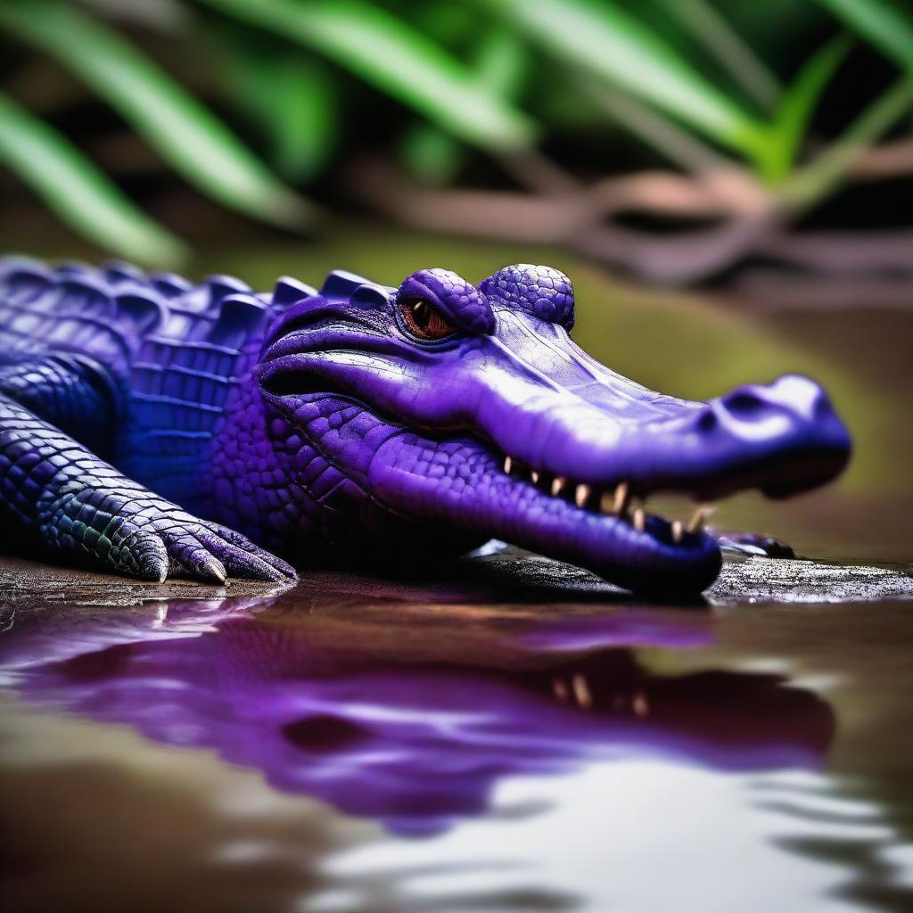 A striking image of a vibrant purple crocodile, its striking color adding an uncanny touch to a fierce creature.