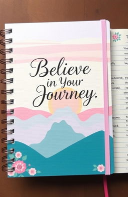 An inspiring motivational journal notebook with a beautifully designed cover featuring the phrase "Believe in Your Journey" in elegant typography