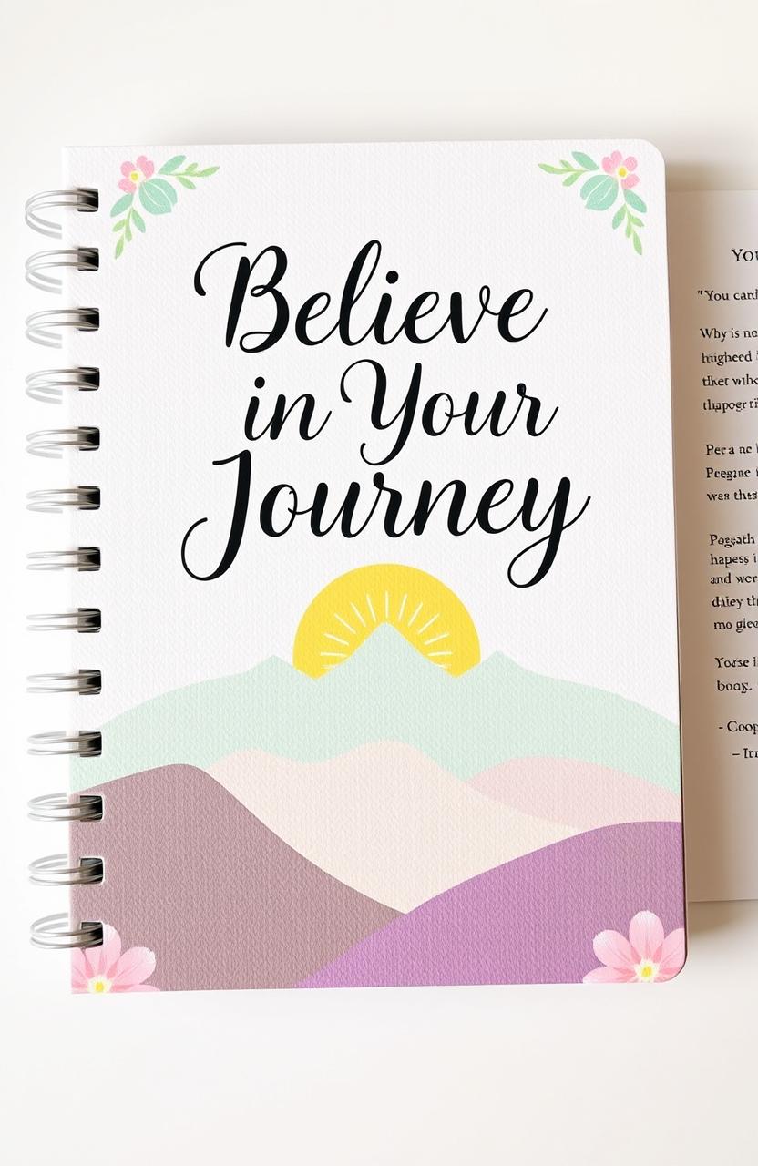 An inspiring motivational journal notebook with a beautifully designed cover featuring the phrase "Believe in Your Journey" in elegant typography