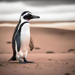 An out-of-place yet captivating image of a penguin exploring a vast desert landscape, imbuing the harsh environment with a sense of whimsicality