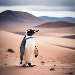 An out-of-place yet captivating image of a penguin exploring a vast desert landscape, imbuing the harsh environment with a sense of whimsicality