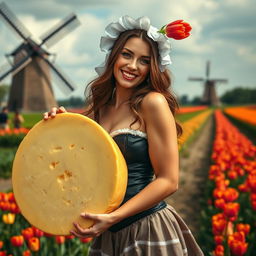 A seductive Dutch girl playfully holding a large wheel of cheese, dressed in traditional Dutch attire including a revealing corset and a tulip bonnet