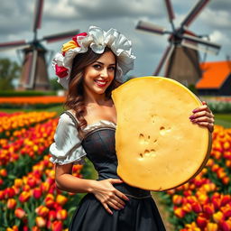 A seductive Dutch girl playfully holding a large wheel of cheese, dressed in traditional Dutch attire including a revealing corset and a tulip bonnet