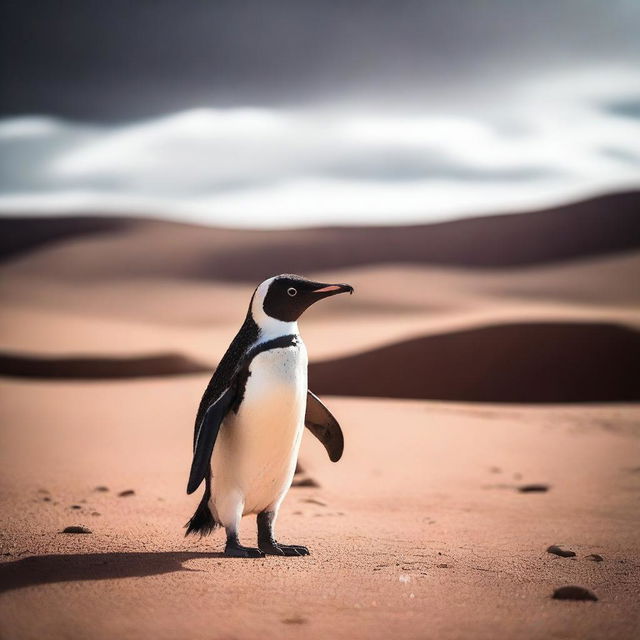 An out-of-place yet captivating image of a penguin exploring a vast desert landscape, imbuing the harsh environment with a sense of whimsicality