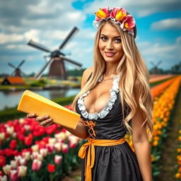 A playful, sexy Dutch girl teasingly posing with a wedge of cheese, wearing a daringly low-cut traditional Dutch dress and a charming tulip bonnet
